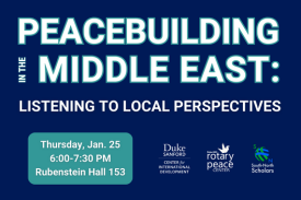 Peacebuilding in the Middle East: Listening to Local Perspectives. Thursday, Jan. 25, 6:00-7:30 PM, Rubenstein Hall 153. Logos for Duke Center for International Development, Duke-UNC Rotary Peace Center, South-North Scholars